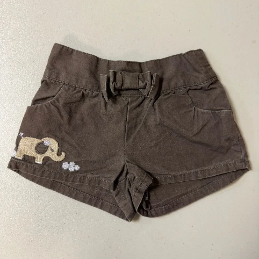 GYMBOREE Elephant Shorts Girls 6-12 Months Baby Brown Elastic Waist Embroidered